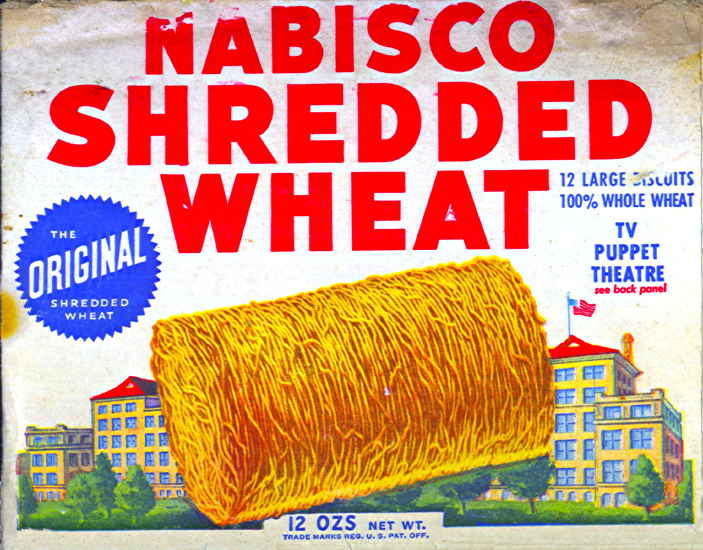 1952 Nabisco Shredded Wheat box with Straight Arrow finger puppet theater